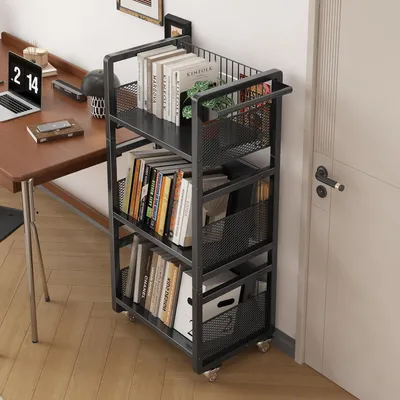 Bücherwagen mit Rollen, 70 kg, 3 Regale, doppelseitig, schwarz