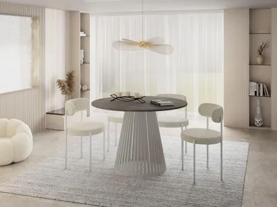 Produktbild von Esstisch Rund Ausziehbar mit Lamellen im Loft-Stil – 120 bis 200 cm – Tisch mit Kaschmir Metallbeinen, Platzsparend für Wohnzimmer oder Esszimmer – Beton-Optik Dunkelgrau