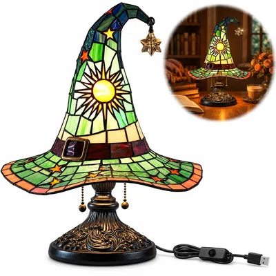 Produktbild von Hexenhut Lampe LED, Gothic Tischlampe aus Harz, USB-Licht, grüne Halloween-Deko, Fantasy Dekoration für Schlafzimmer, Wohnzimmer