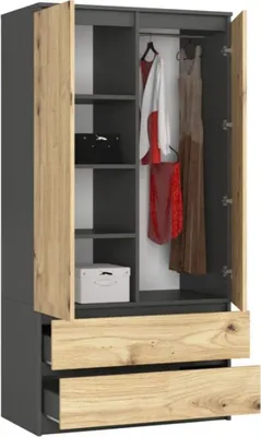 Produktbild von BDW, Kleiderschrank 2 Türen, 2 Schubladen, 180x90x51 cm, Grau / Eiche Artisan