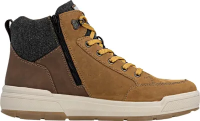 A side view of a brown high-top boot with yellow laces and a black zipper.