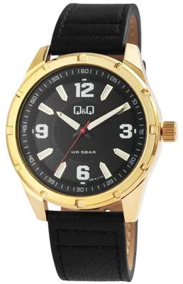 Produktbild von Q&Q Herrenuhr mit Kunstlederionsband in schwarz, 5 Bar wasserdicht