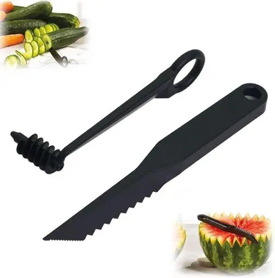Produktbild von Handgeführte Spiral- und V-Schneider für Gemüse und Obst, inklusive Acht-Teiler, Melonenschneider, Spiralmeißel, Hand-Schraubenschlitzer und Essbesteck (2 Stück)