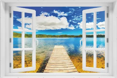 Produktbild von Wallario Wandbild mit Fenster-Illusion: Klarer See mit Steg - Blauer Himmel, Größe: 61 x 91,5 cm, Poster mit rahmenlosen Bildhalter