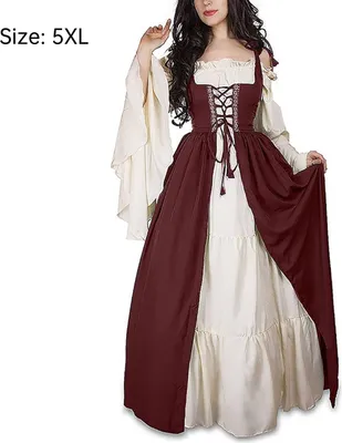 Produktbild von Damen Mittelalterliche Kleid mit Trompetenärmel Mittelalter Party Kostüm Maxikleid, Rot, 5XL