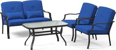 Obrázek produktu pro Zahradní nábytek, sada 4 kusů, venkovní konferenční set se 3 čalouněnými židlemi a 1 konferenčním stolkem z tvrzeného skla, volnočasová sada s kovovým rámem, modrá barva