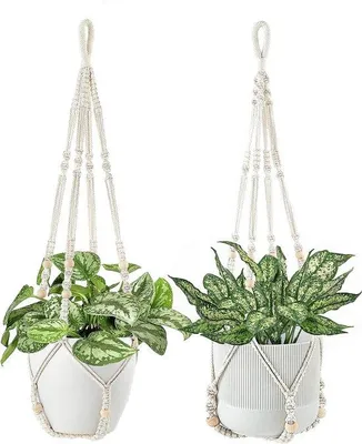Produktbild von Unyqoos® Makramee-Pflanzenhänger aus Baumwollschnur mit Perlen, 89 cm – Hängeampel für Blumentöpfe bis Ø 22 cm, Boho-Deko