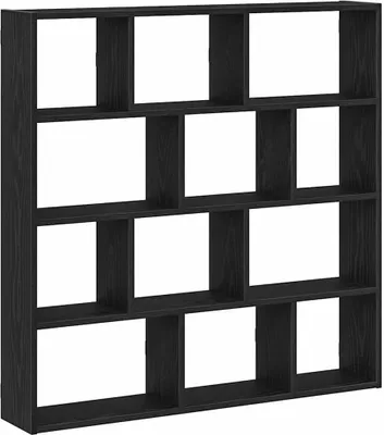 A black modular bookshelf with multiple compartments.