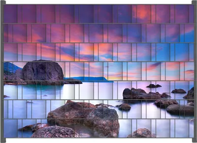 Produktbild von Wallario Zaunsichtschutz mit Motiv Seelandschaft in blau und rot mit großen Felsen für Ein- und Doppelstabmatten Zäune in der Größe 200 x 140 cm