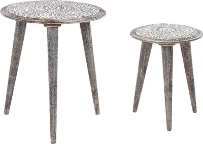 Produktbild von BELIANI 2er Set Beistelltisch Grau mit geschnitztem Muster Vintage-Effekt Wohnzimmer Flur