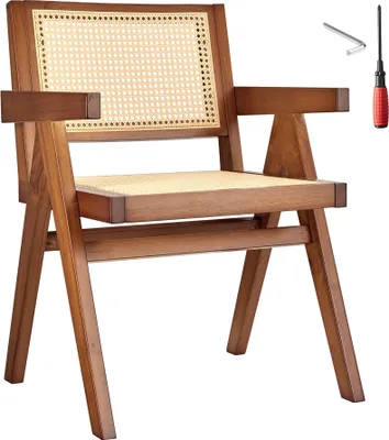 A wooden armchair with a woven cane seat and backrest, shown on a white background with assembly tools.