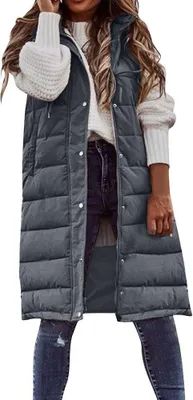 Produktbild von Lange Pufferweste für Damen, Kapuze, Leder, ärmellos, Reißverschluss, gepolsterte Mäntel, Jacke mit Taschen