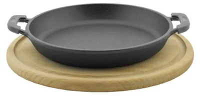 Produktbild von Servierpfanne 14 cm emaillierte Bratpfanne Holzuntersetzer Gusseisen Gusspfanne Schmorpfanne Emaillie