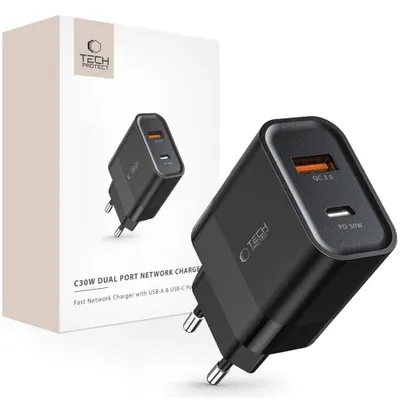 Immagine prodotto di Tech-Protect C30W Caricatore di rete a 2 porte Pd30W/Qc3.0 Nero