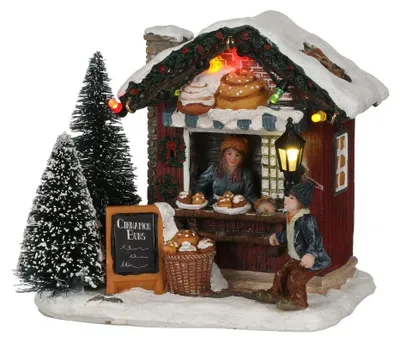 Produktbild von Luville Kerstdorp Miniatur Zimtschnecken-Stand - Weihnachten Dekoration - Weihnachtsdeko mit Beleuchtung - Weihnachtsschmuck für Weihnachtsdorf - L12 x B8,5 x H10,5 cm - Mehrfarbig