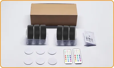 Zdjęcie produktu dla 6 sztuk lampek typu „puck” z pilotem, pod szafką, lampka szafkowa LED z funkcją zmiany koloru, zasilana bateryjnie, do przyklejenia