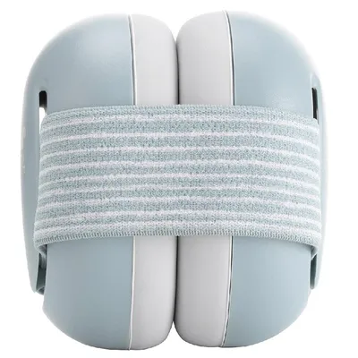 A close-up, front-facing view of a pair of blue and white baby earmuffs, held together by a striped elastic band.