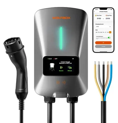 Immagine prodotto di Stazione di ricarica Wallbox per auto elettriche - Caricatore di tipo 2 - Potenza 22 kW - Corrente 32 A - Display LCD e controllo tramite app - RFID - Cavo da 5 m - IP65 - Nero