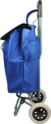 A blue shopping trolley with a black flap is shown from the side against a white background.