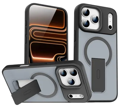 Produktbild von Magnet Ständer Hülle für iPhone 17 Pro, Kompatibel mit MagSafe, Matt Rückseite Stoßfeste Handyhülle Schwarz