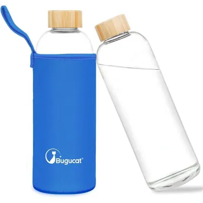 Productafbeelding van Drinkfles van 1 liter, gemaakt van borosilicaatglas met beschermende hoes, lekvrij, marineblauw