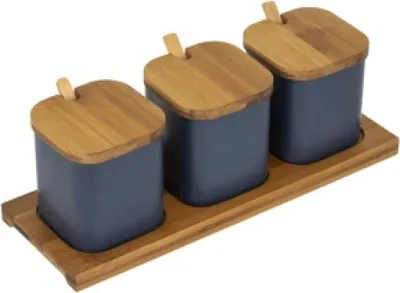 Produktbild von Serviergläser mit Bambus-Holzständer jeweils mit Bambus-Deckel und Löffel
