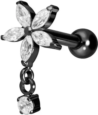 Produktbild von Ohrpiercing Titan Ohrpiercing mit Innengewinde KRISTALLBLUME + KRISTALL Schwarz Stablänge: 8mm