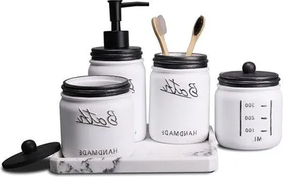 Produktbild von Badezimmer-Zubehör-Set 5-teilig schwarz weiß Seifenspender