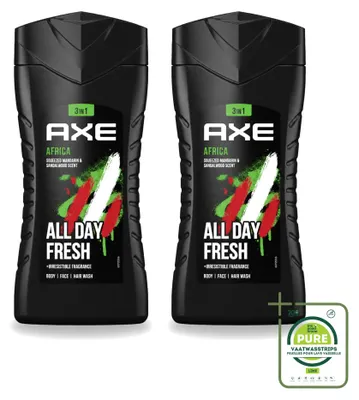 Immagine prodotto di 2 flaconi di gel doccia 3-in-1 Axe Africa, profumo mandarino e sandalo, 250 ml ciascuno, confezione grande (2 pezzi)