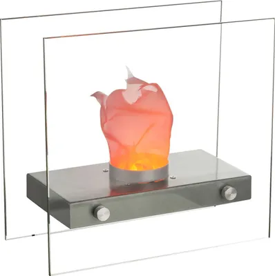 Produktbild von Globo Lighting Tischkamin Metall silberfarben, Glas klar, Wippschalter am Kabel, Kabel 1,83 m, LxBxH: 305x150x285mm, inkl. 8x LED 0.4W 3.3V, gelb/rot