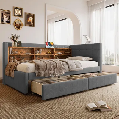 Image de Merax Lit de jour 90x200cm, Canapé-lit avec 2 tiroirs, USB, type C, étagères, tête de lit, dossier, sommier à lattes, lit de jour, lit rembourré, lin, gris