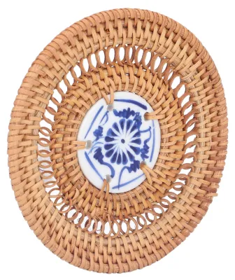Obrázek produktu pro Modrobílý porcelánový podtácek, kulatý, s proutěným vzorem, modrobílý porcelánový držák na šálky Basil a proutěné šálky, 10 cm / 3,9 palce