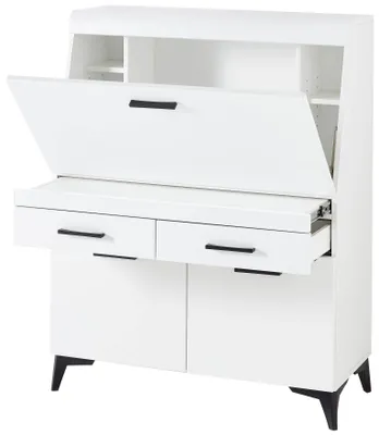 Sekretär Schreibtisch SECRET in Weiß mit hochklappbarem Schreibtisch und ausziehbaren Schubladen, Gesamtansicht.