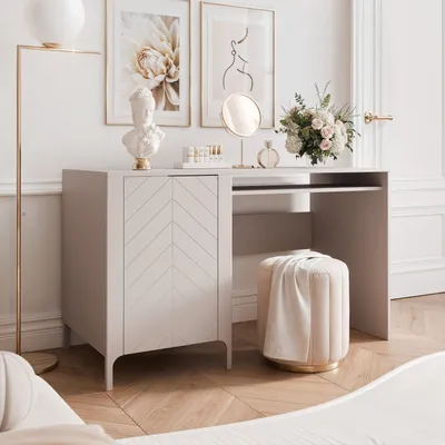Produktbild von IDOHOME-Schreibtisch LORIEN 135 cm Metallfüßen Büro Soft-Close-System Kaschmir Bürotisch mit Regalen und Stauraum