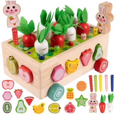 Image de Malplay Cube de motricité Jouets en bois Cube d'activité attraper un ver Carottes