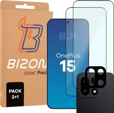 Produktbild von Gehärtetes Glas - 2 Stück + Kameraschutz für OnePlus 15, Bizon Glass Edge Pack, Schwarz