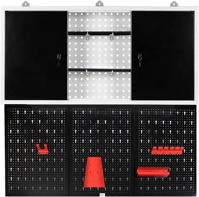 Zdjęcie produktu dla Szafka narzędziowa z szafką wiszącą oraz ścianka narzędziowa z 3 panelami perforowanymi, wraz z akcesoriami