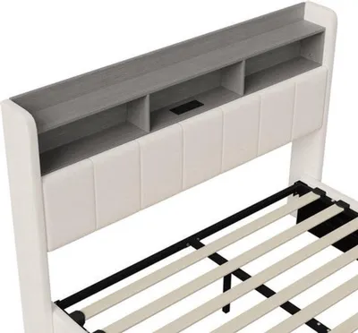 Image de Lit double - 140x200 cm - En velours - Avec espace de rangement, éclairage LED et port USB