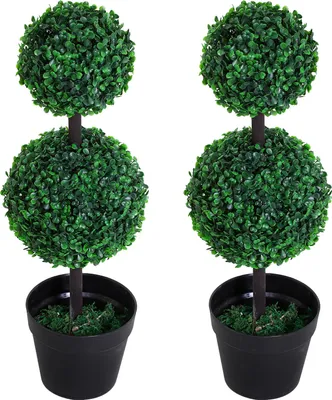 Produktbild von Künstliche Pflanzen 2er-Set, Kugeldesign Kunstpflanze im Zementtopf, Grün Schwarz Kunststoff