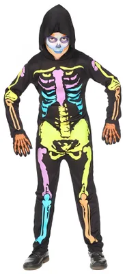 Productafbeelding van Kleurenrijk skeletkostuum voor kinderen, perfect voor Halloween of carnaval. Het kostuum is een overall met capuchon en heeft de maat 116