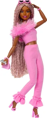 Produktbild von Barbie Fashionistas Deluxe Style-Puppe Nr. 4 mit weichem rosafarbenem Jumpsuit und rosa und braunen geflochtenen Zöpfchen, Modepuppe, Weiblich, 4 Jahr(e), Mädchen, 290 mm, 225 g