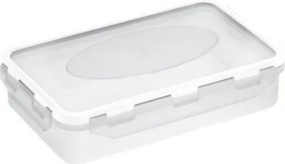 A transparent rectangular food storage container with a white lid and white clasps, shown from a slightly elevated side angle on a white background.