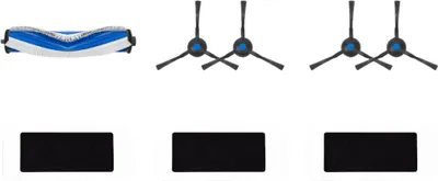 A set of robot vacuum cleaner accessories, including a main brush and side brushes, and filters.