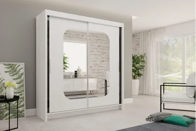 Produktbild von Krudox MRK Schiebetürenschrank Weiß mit Spiegel Kleiderschrank 180x216x62 cm Schlafzimmer Schrank mit 2 Kleiderstangen Stauraum Aufbewahrung