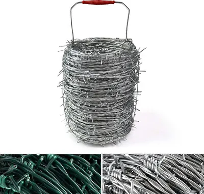 A roll of barbed wire with a red handle for carrying, shown against a white background. Below are two smaller images showing different types of wire.