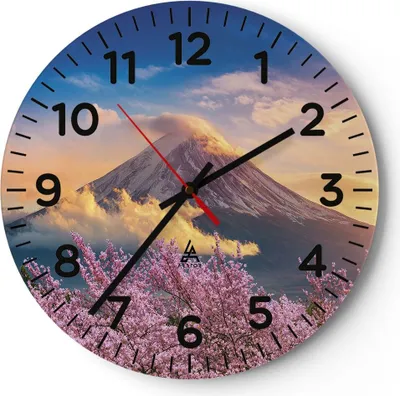 Produktbild von Wanduhr - Rund - Glasuhr - Fuji Blume Kirsche - 30x30cm - Schleichendes Uhrwerk - Lautlos - zum Aufhängen bereit - Dekoration Modern - Wanddekoration aus Glas - C4AR30x30-4490