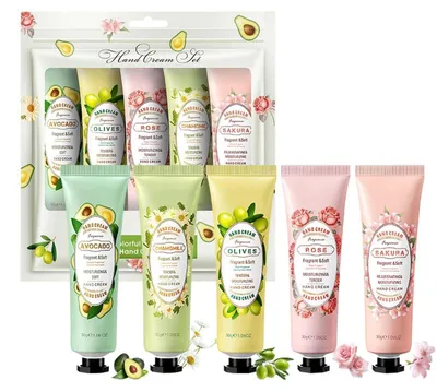 Produktbild von Handcreme Set 5 Stück Mini Handcremes Blumen & Früchte Aromen Intensive Pflege für trockene Hände