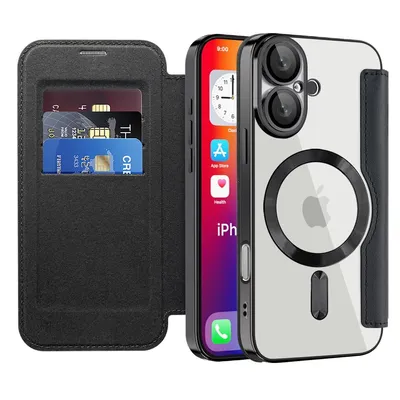 Image de Etui pour iPhone 16 compatible avec MagSafe, étui transparent avec porte-cartes, étui en cuir avec protection de l'appareil photo noir