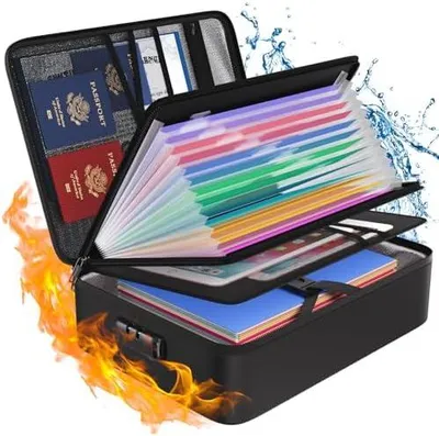 Produktbild von Tamfile 5200℉ Feuerfeste Dokumentenbox, Wasserfeste Dokumententasche mit 13 Taschen, Akkordeonordner, Dokumenten-Organizer und Etiketten, tragbare Aktenaufbewahrungsbox mit Schloss, Schwarz