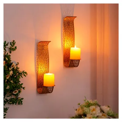 Produktbild von Vintage Wandkerzenhalter Gold Metall Wanddeko Hängende Kerzenhalter für Wohnzimmer und Badezimmer